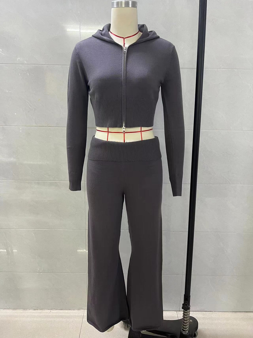 Cropped Zip Hoodie And Wide Flare Trouser Set - Darkgrey