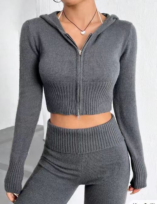 Cropped Zip Hoodie And Wide Flare Trouser Set - Darkgrey - 3