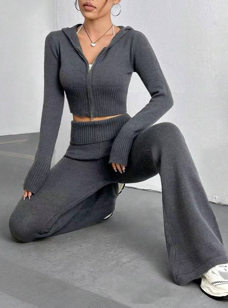 Cropped Zip Hoodie And Wide Flare Trouser Set - view 1