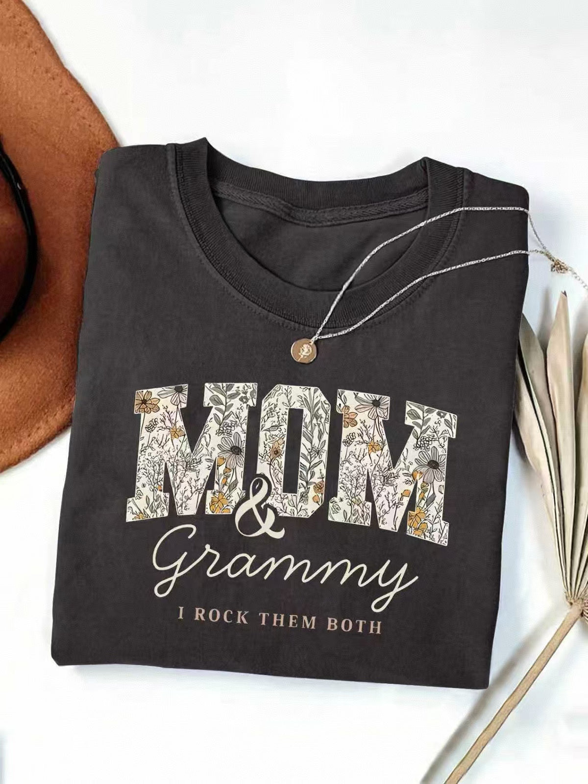 Mom And Grammy Floral Letter Graphic Tee - Black