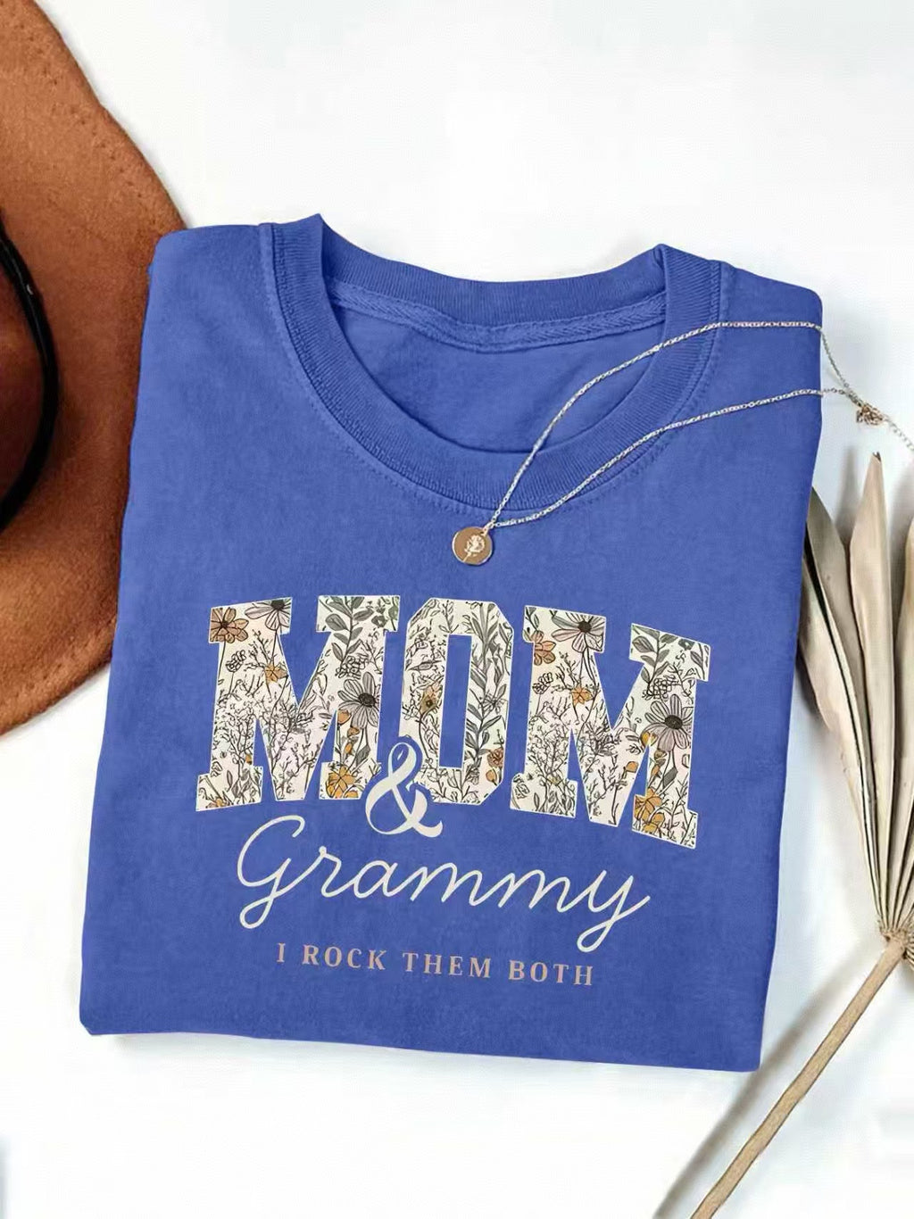 Mom And Grammy Floral Letter Graphic Tee - Blue