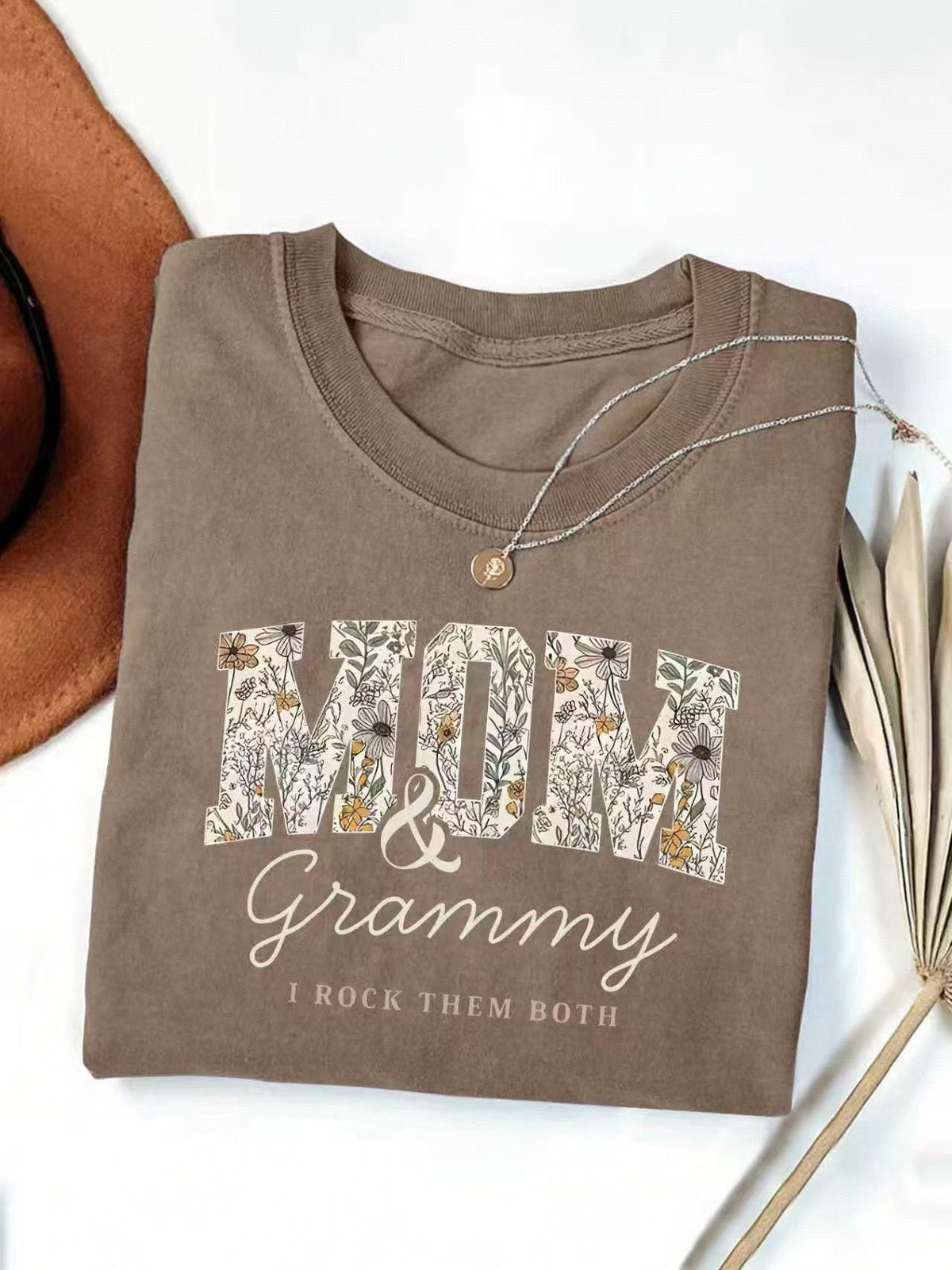 Mom And Grammy Floral Letter Graphic Tee - Coffee