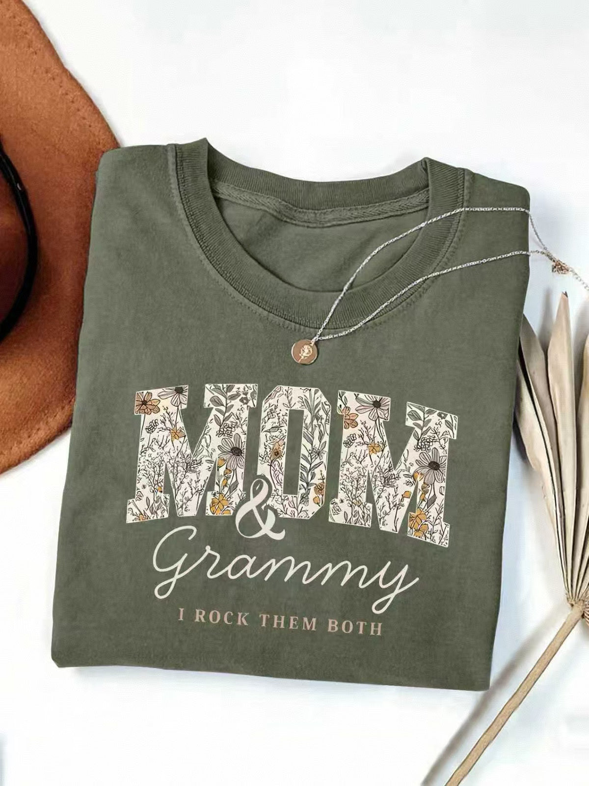 Mom And Grammy Floral Letter Graphic Tee - Green