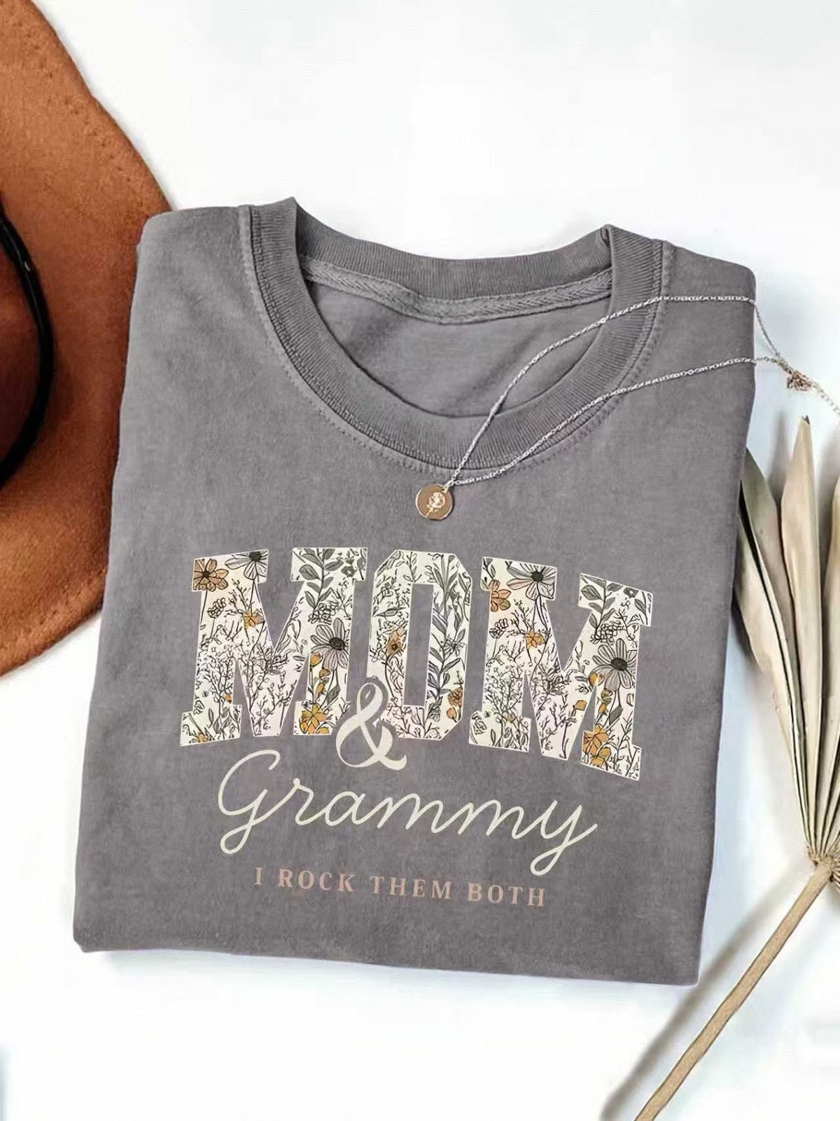 Mom And Grammy Floral Letter Graphic Tee - Grey