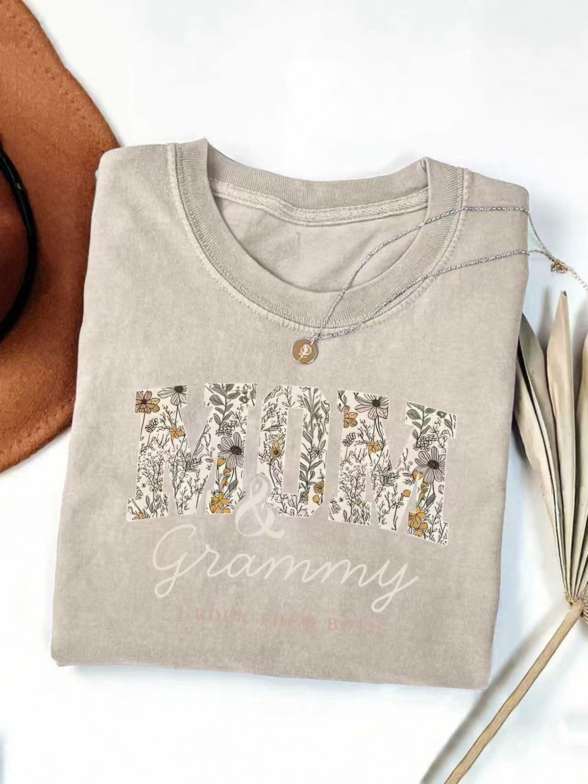 Mom And Grammy Floral Letter Graphic Tee - Khaki