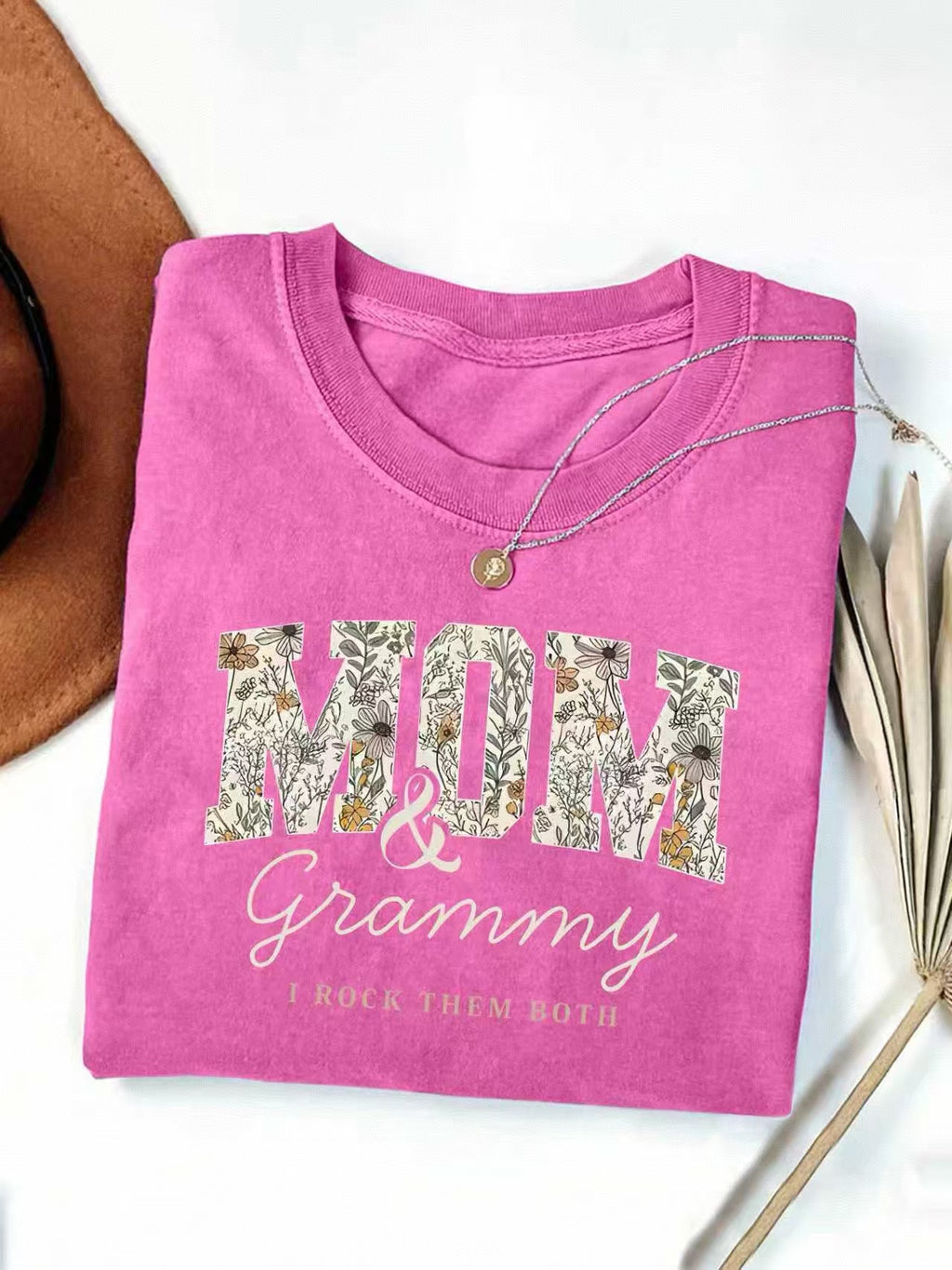 Mom And Grammy Floral Letter Graphic Tee - RoseRed