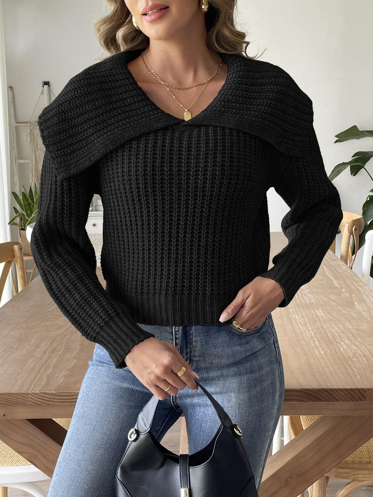 Oversized Fold Over Collar Cropped Knit Sweater - Black - 1