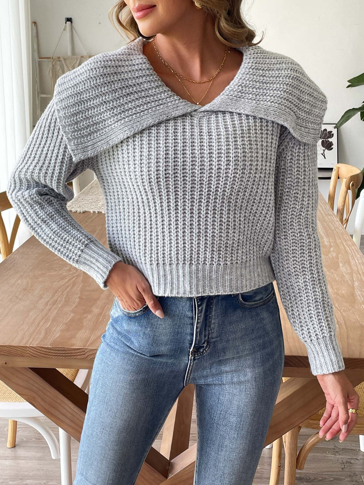 Oversized Fold Over Collar Cropped Knit Sweater - Grey