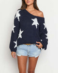 Allover Star Intarsia Off Shoulder Sweater - Dark-Blue