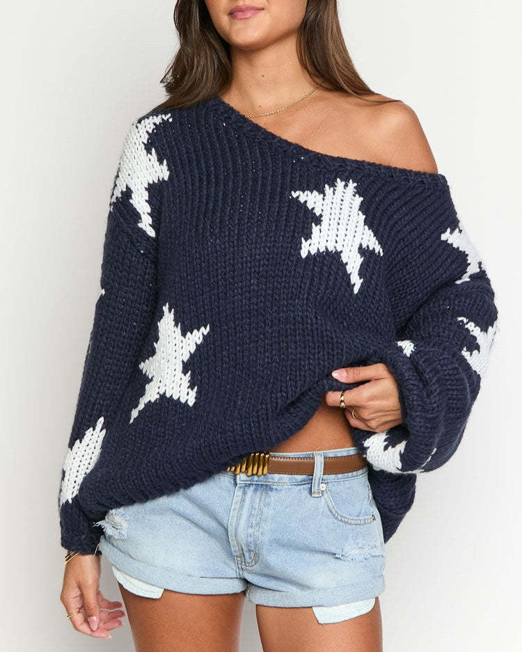 Allover Star Intarsia Off Shoulder Sweater - Dark-Blue - 1