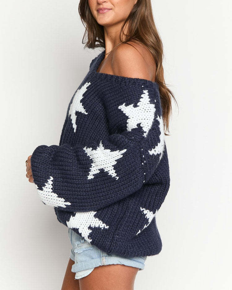 Allover Star Intarsia Off Shoulder Sweater - Dark-Blue - 2