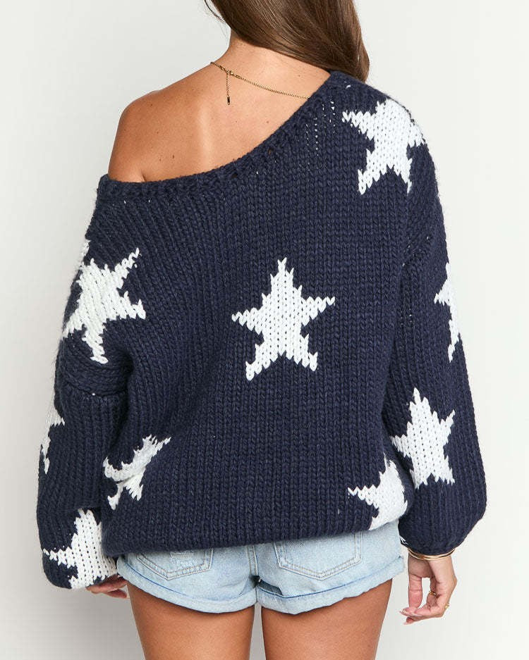 Allover Star Intarsia Off Shoulder Sweater - Dark-Blue - 3