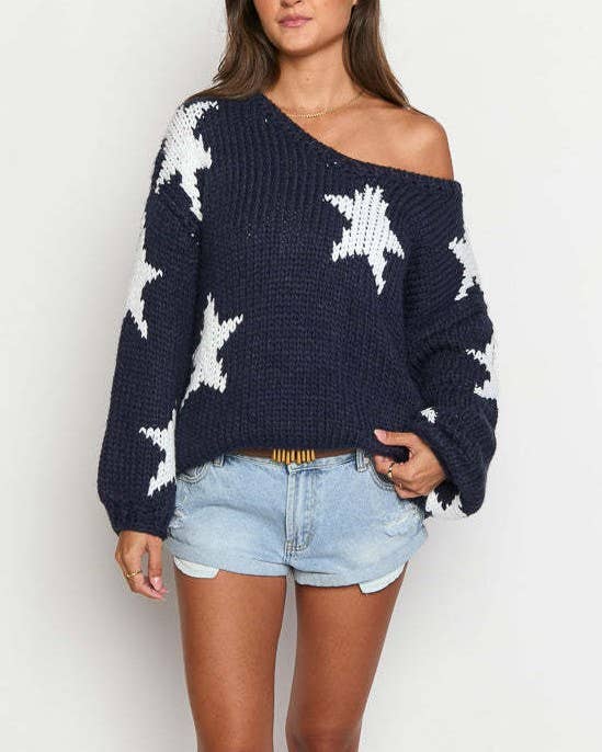 Allover Star Intarsia Off Shoulder Sweater