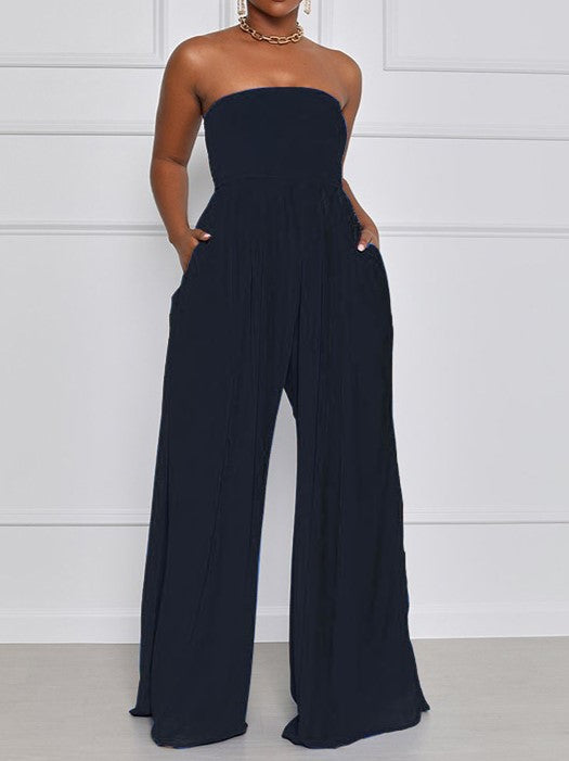 Strapless Smocked Wide Leg Palazzo Jumpsuit - Black