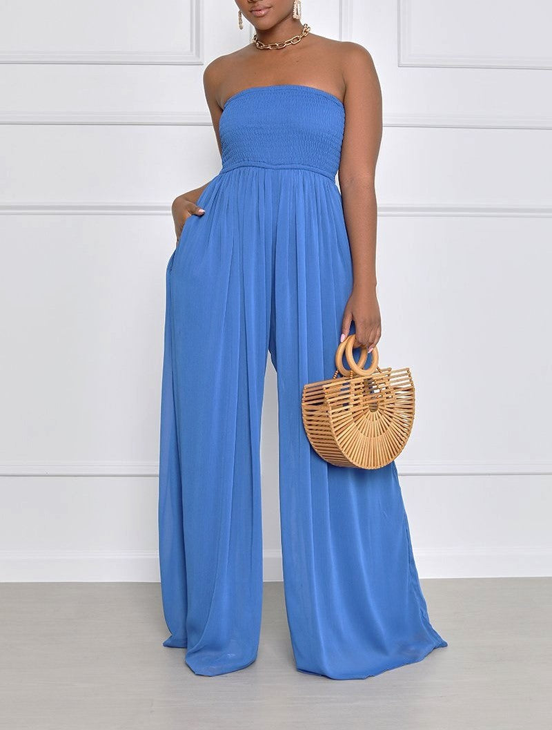 Strapless Smocked Wide Leg Palazzo Jumpsuit - Blue