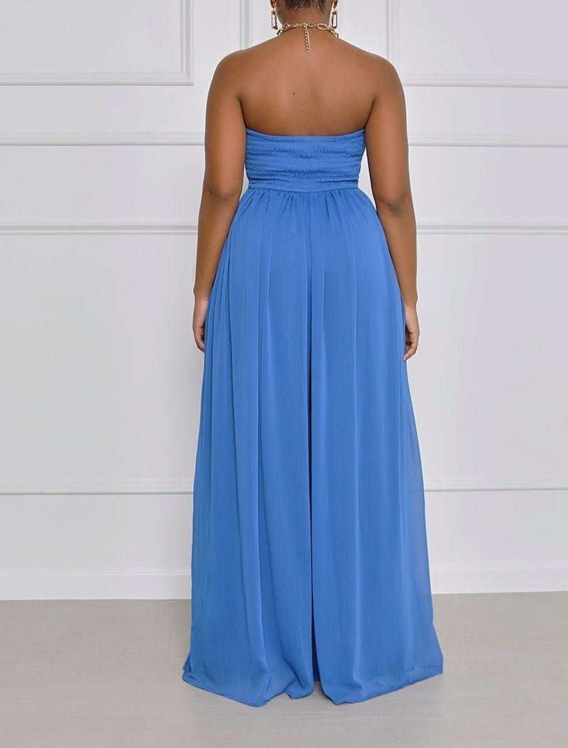 Strapless Smocked Wide Leg Palazzo Jumpsuit - Blue - 2