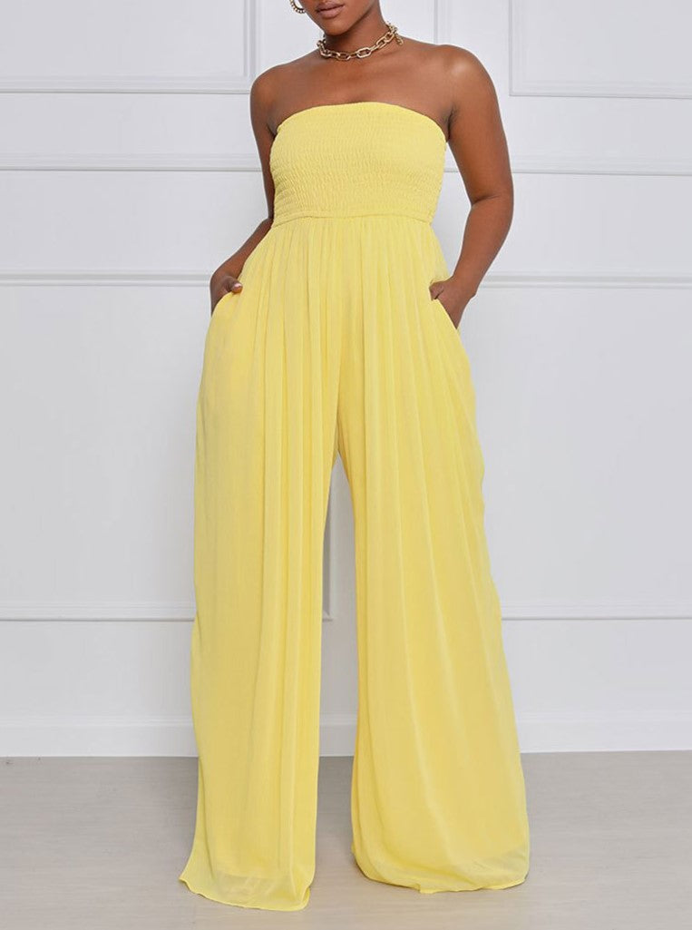 Strapless Smocked Wide Leg Palazzo Jumpsuit - Yellow
