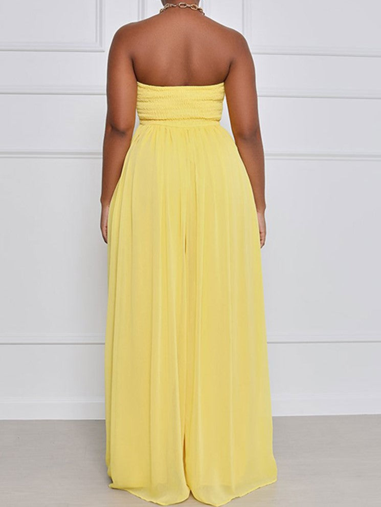 Strapless Smocked Wide Leg Palazzo Jumpsuit - Yellow - 1