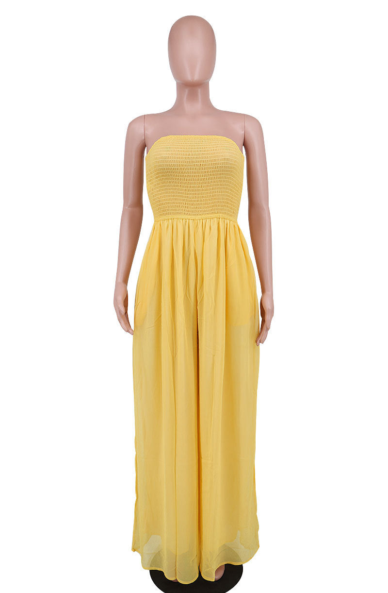 Strapless Smocked Wide Leg Palazzo Jumpsuit - Yellow - 2