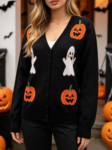 Halloween Cardigan Sweater with Pumpkins and Ghosts - Black