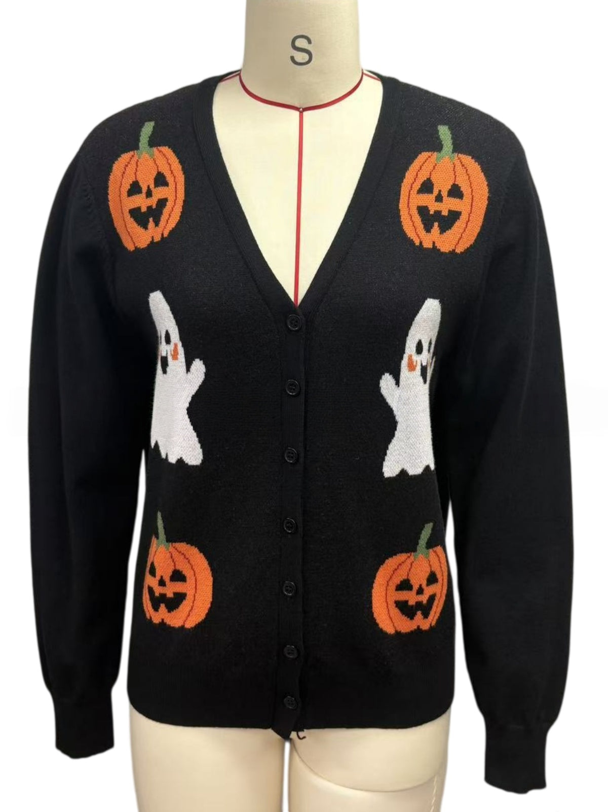 Halloween Cardigan Sweater with Pumpkins and Ghosts - Black - 1