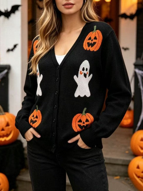 Halloween Cardigan Sweater with Pumpkins and Ghosts - Black - 2