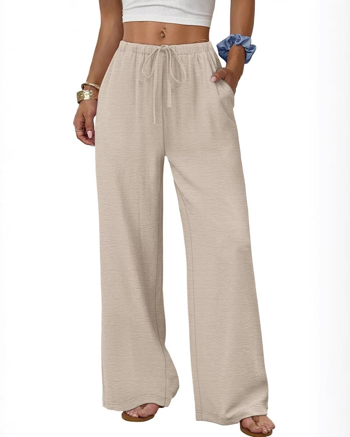Wide Leg Drawstring Waist Palazzo Pants - Apricot