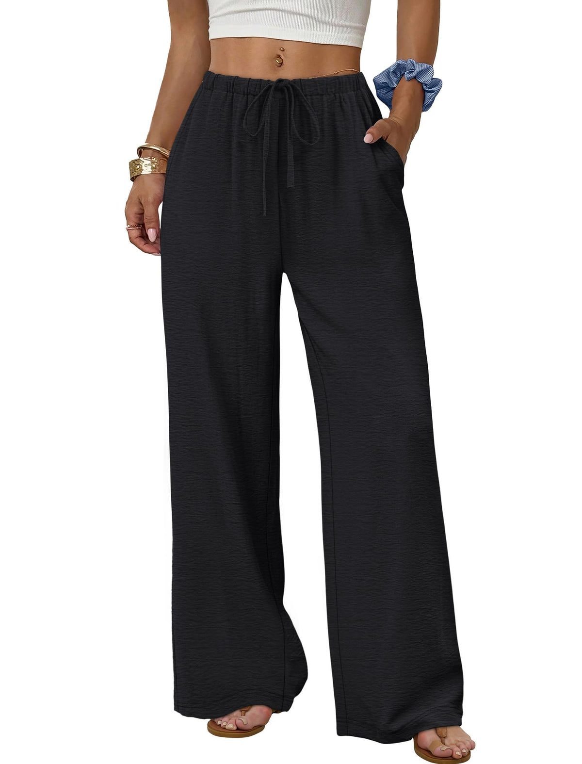 Wide Leg Drawstring Waist Palazzo Pants - Black