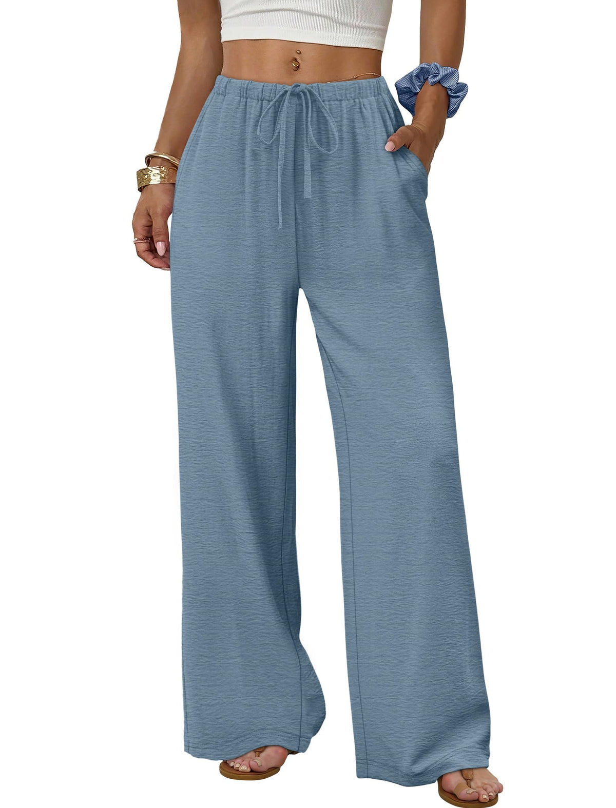 Wide Leg Drawstring Waist Palazzo Pants - Blue