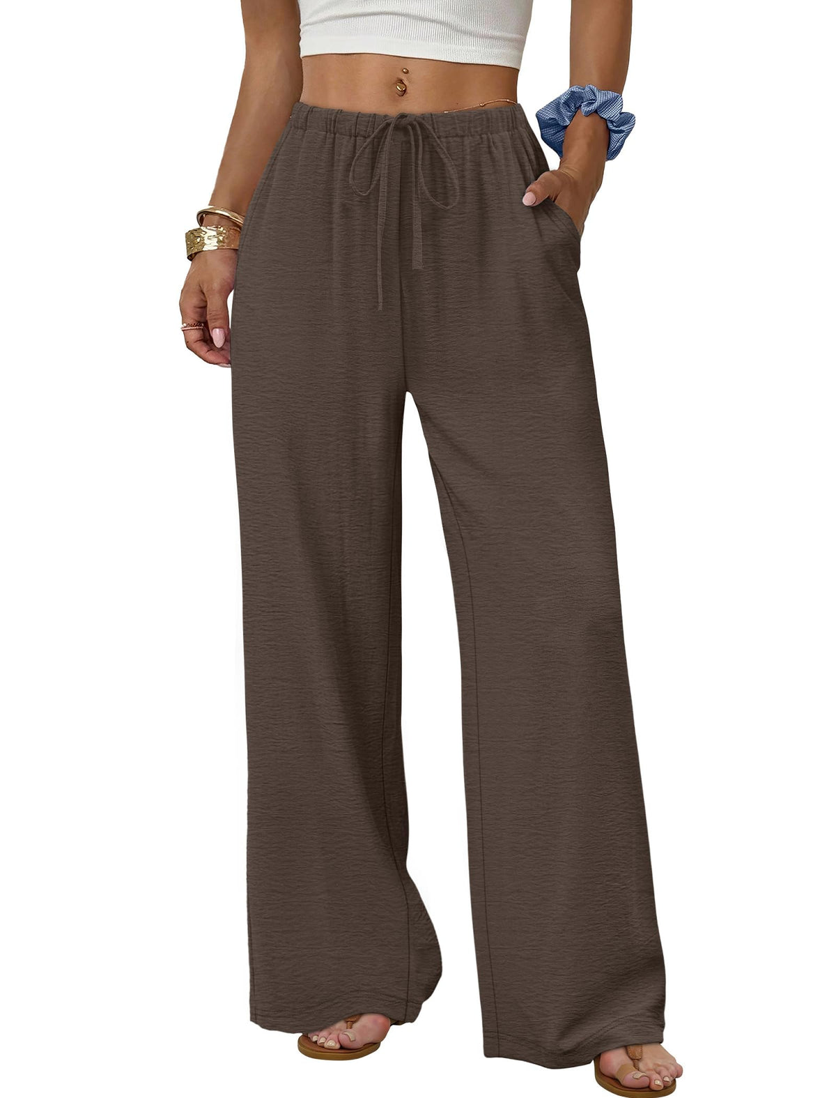 Wide Leg Drawstring Waist Palazzo Pants - Brown