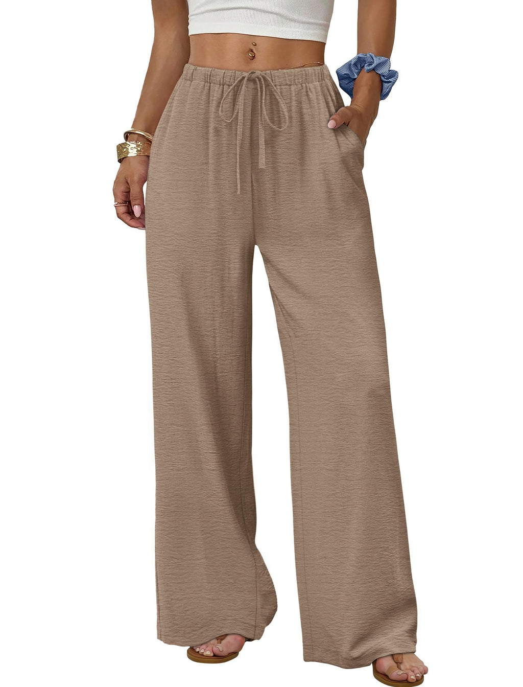Wide Leg Drawstring Waist Palazzo Pants - Khaki