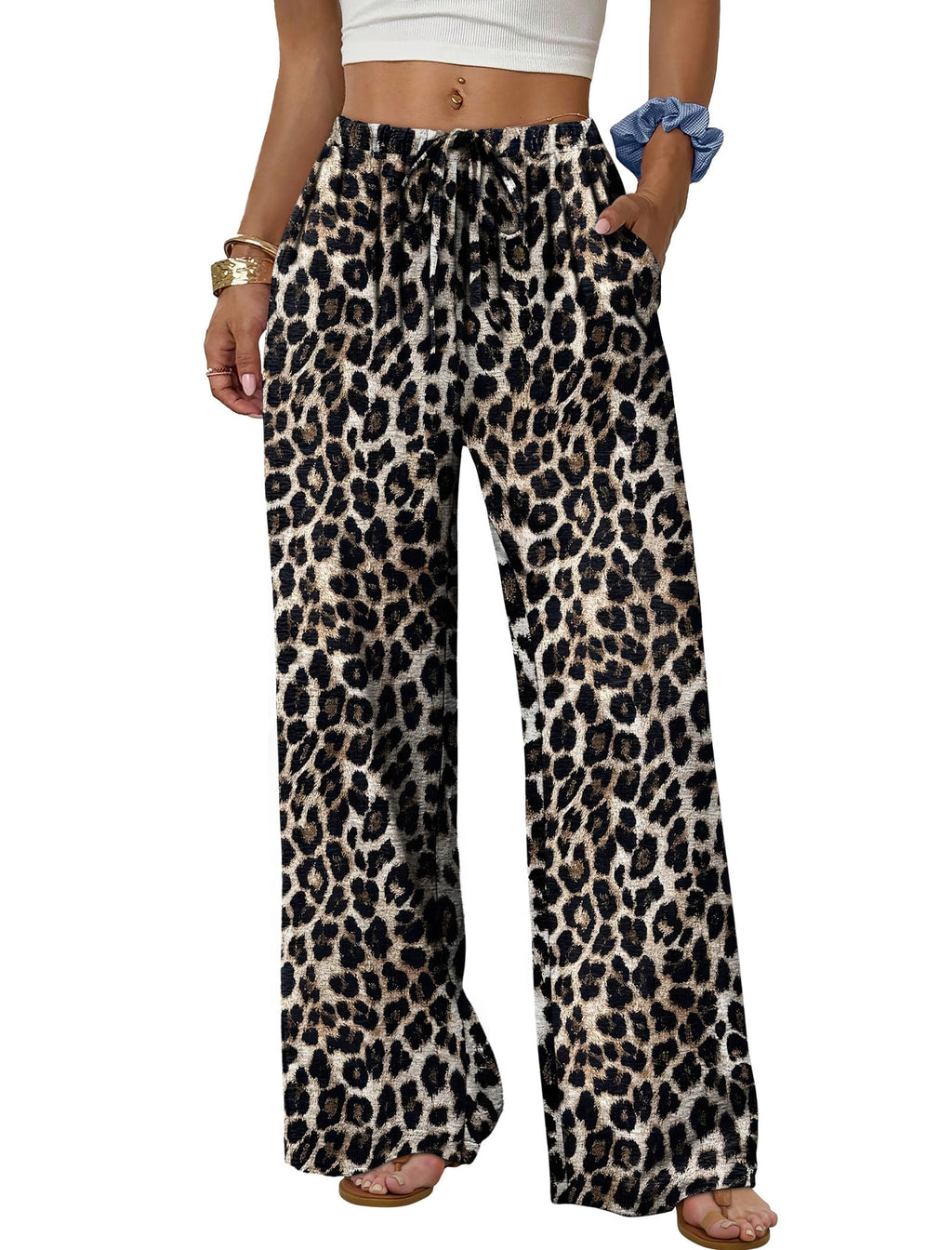 Wide Leg Drawstring Waist Palazzo Pants - Leopard