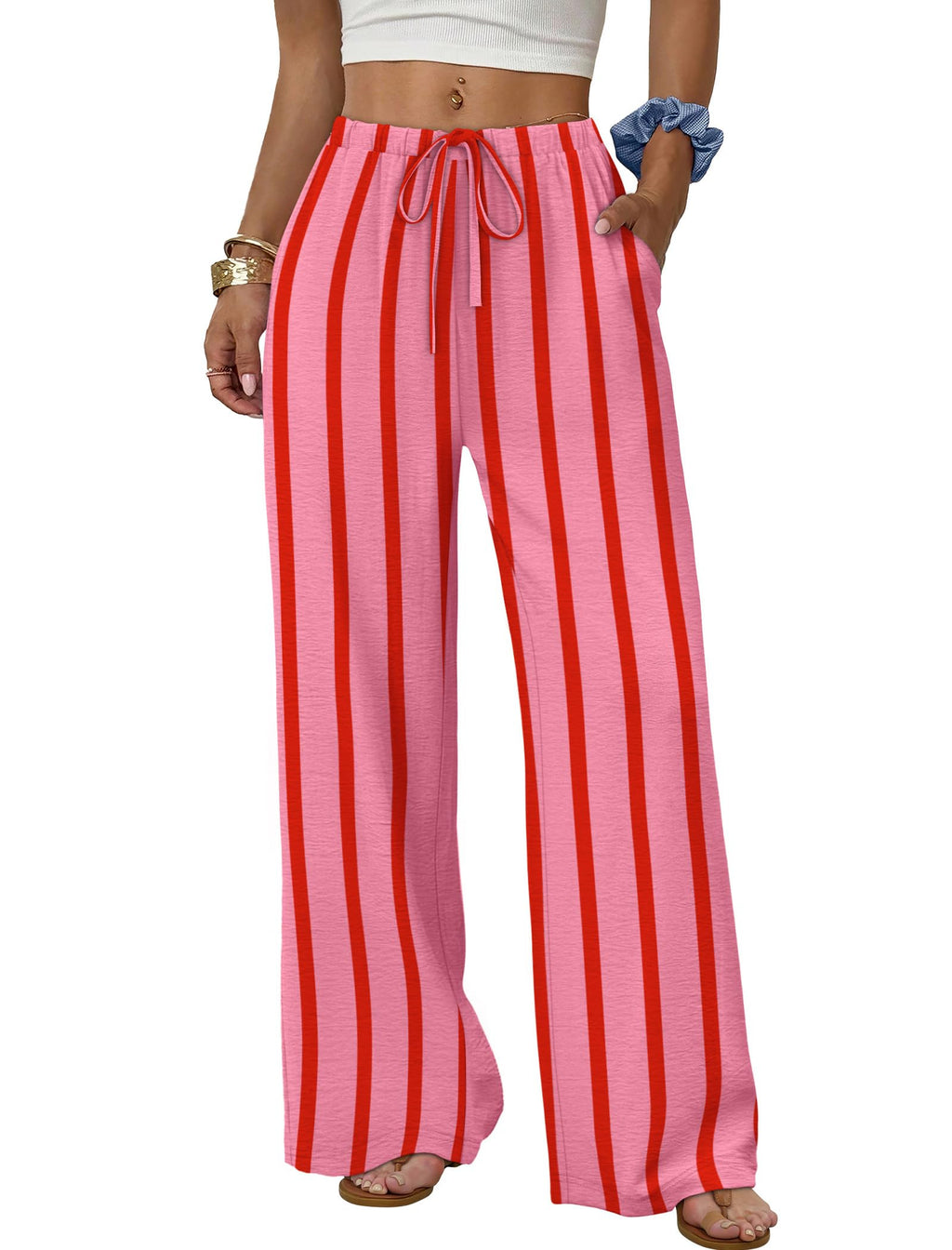 Wide Leg Drawstring Waist Palazzo Pants - Stripe - 1