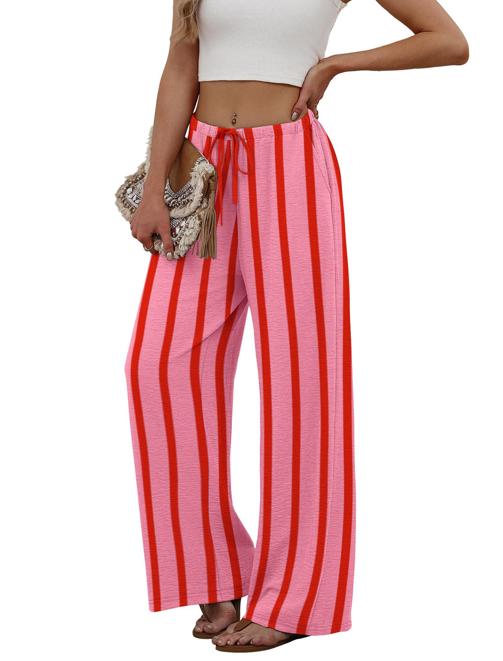 Wide Leg Drawstring Waist Palazzo Pants - Stripe - 3