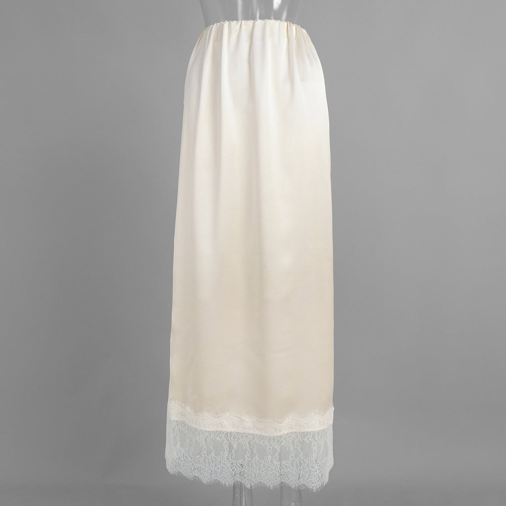 Satin Slip Skirt With Sheer Lace Trim - Apricot