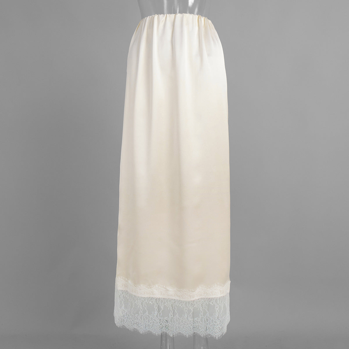 Satin Slip Skirt With Sheer Lace Trim - Apricot