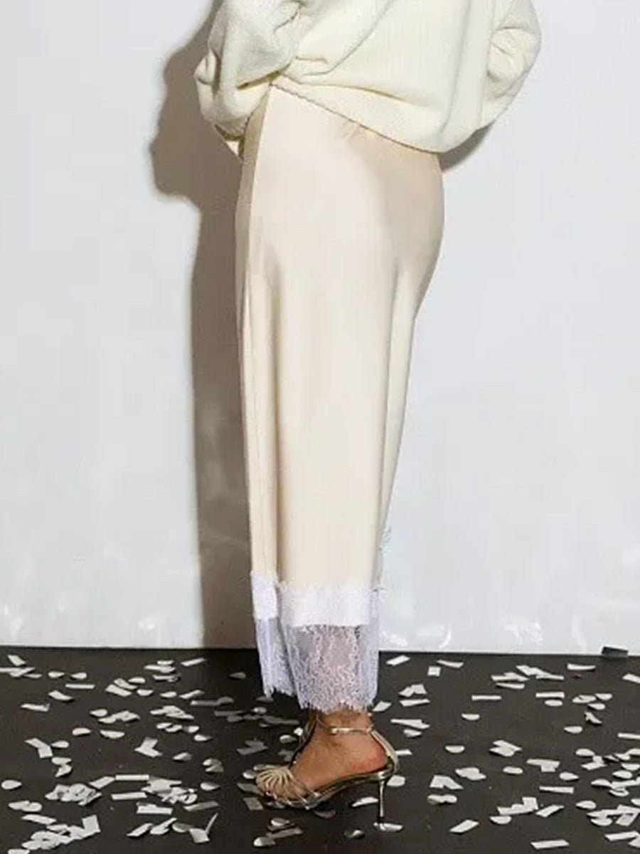 Satin Slip Skirt With Sheer Lace Trim - view 2