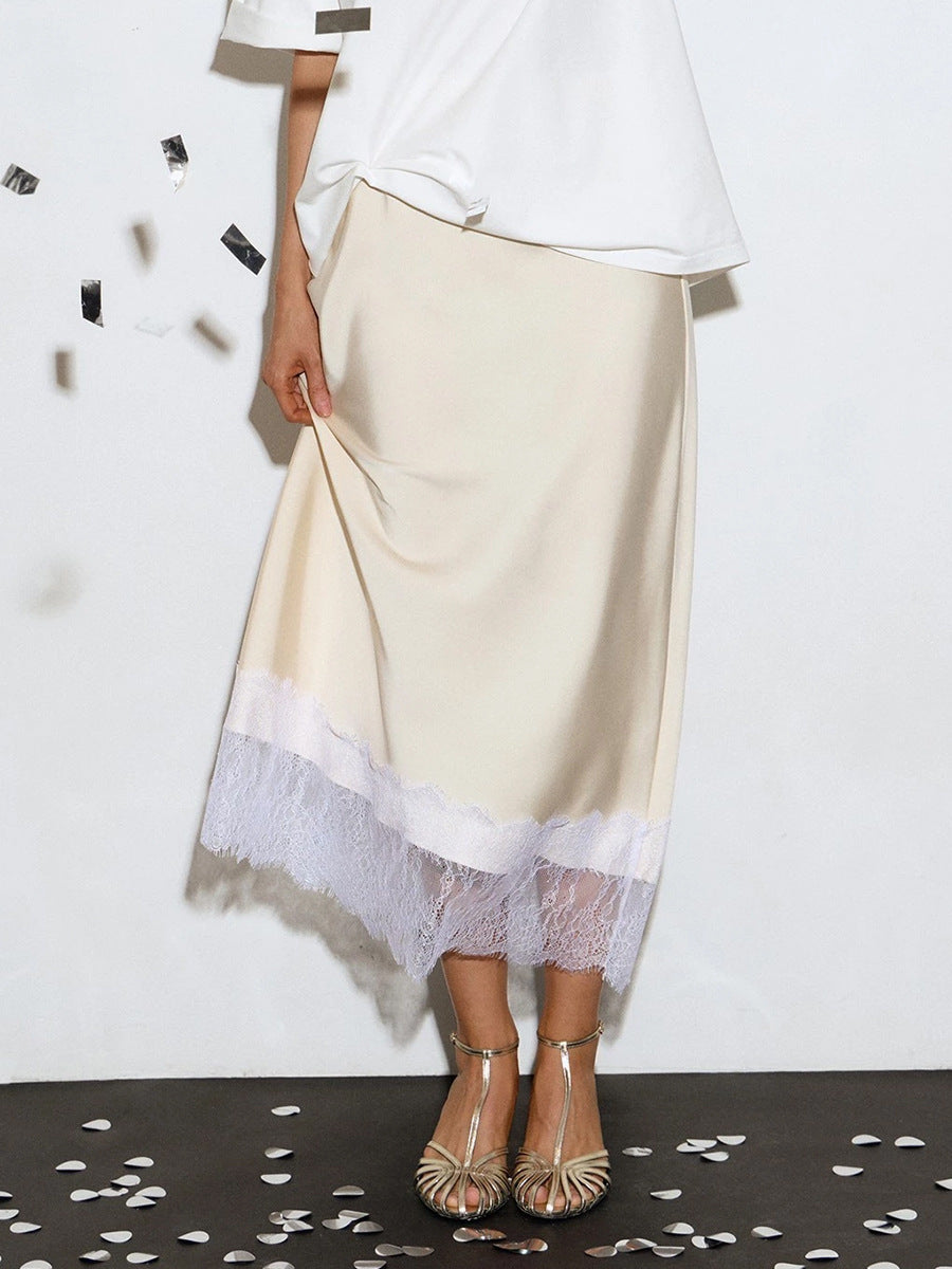 Satin Slip Skirt With Sheer Lace Trim - view 4