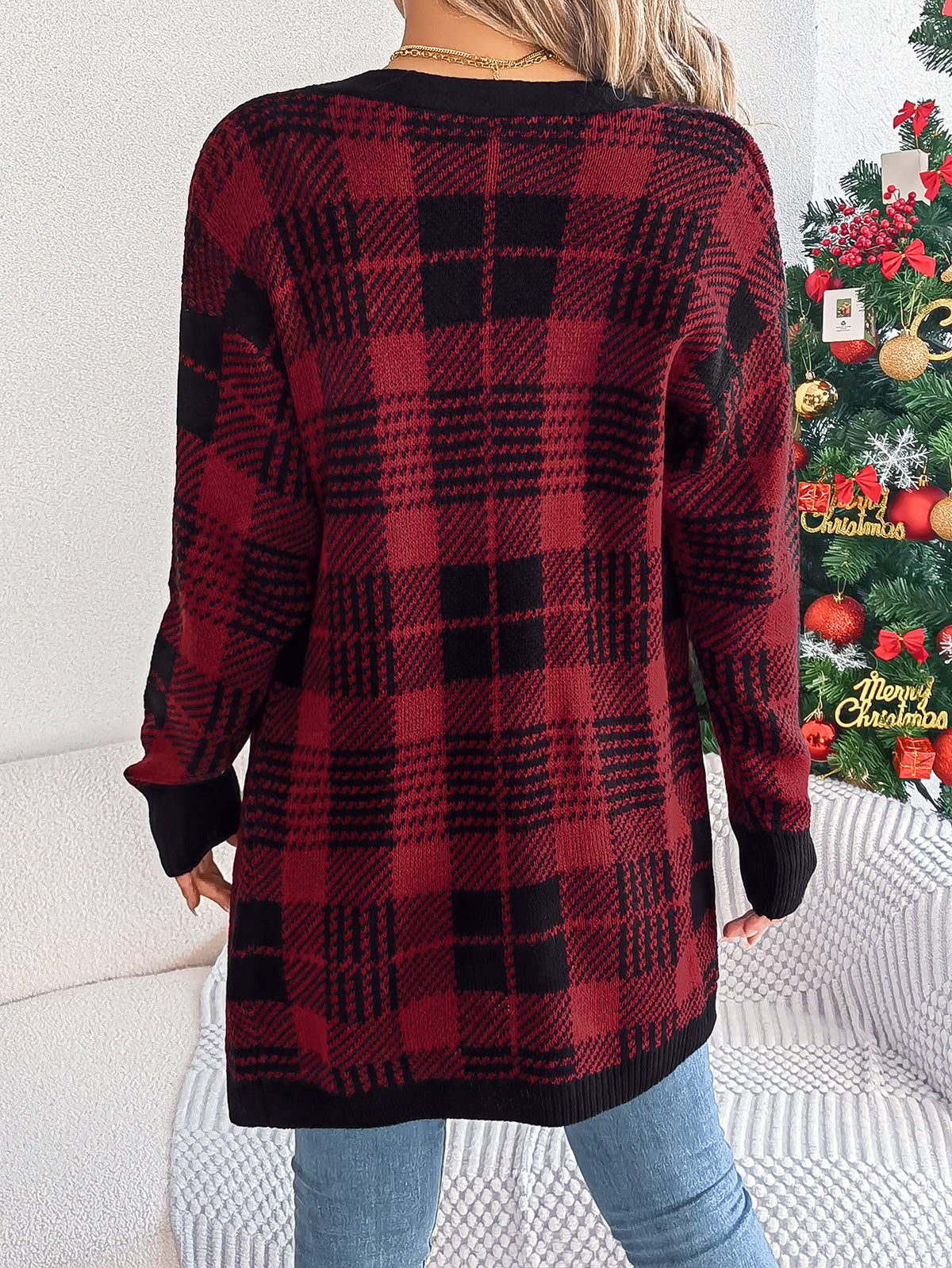 Buffalo Check Contrast Trim Longline Cardigan - Red - 1
