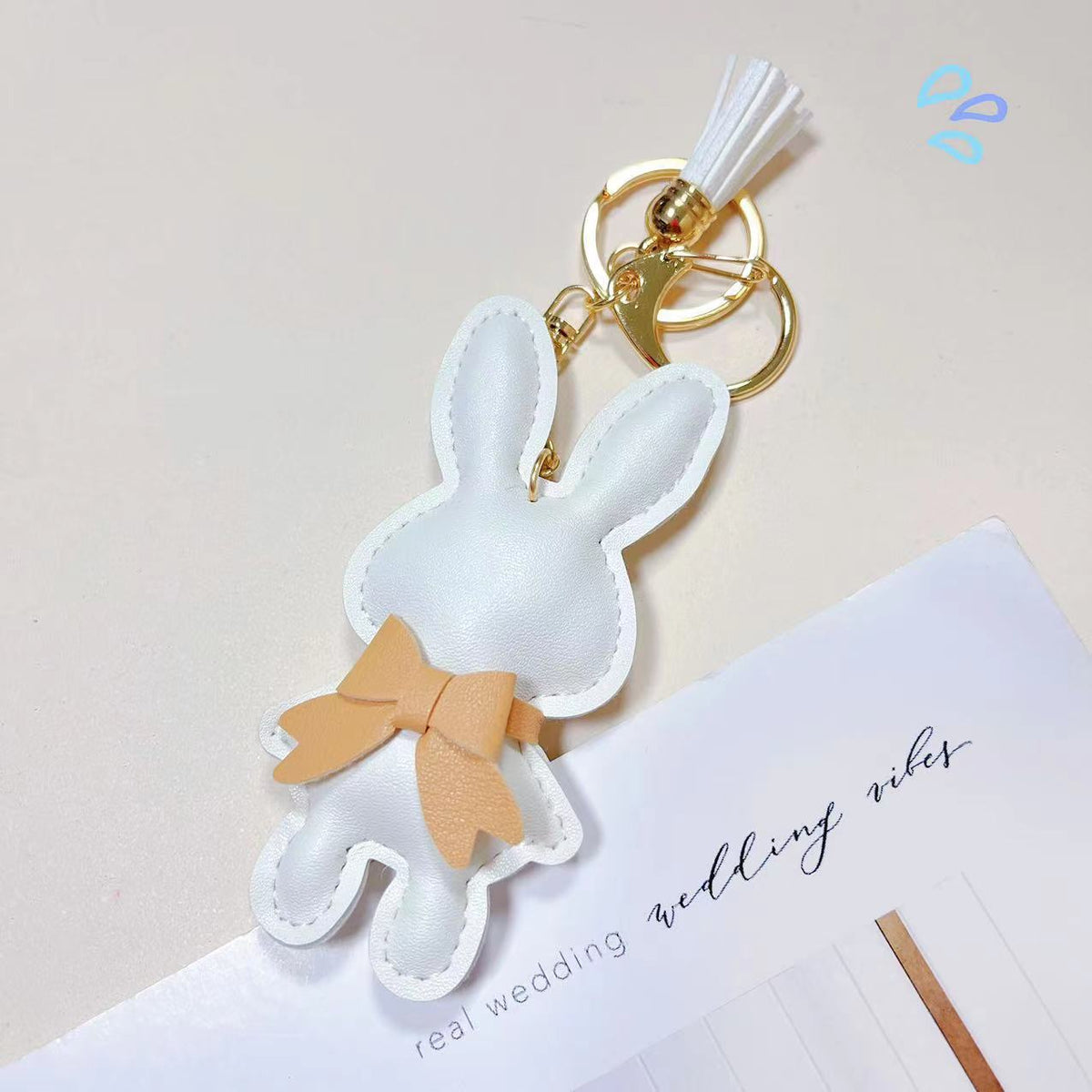 Stitched Leather Bunny Bag Charm - White