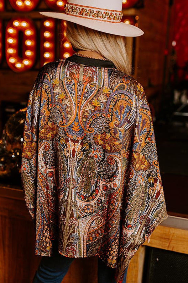 Boho Paisley Contrast Placket Oversized Shirt - Black - 1