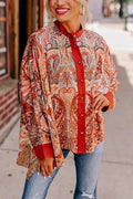 Boho Paisley Contrast Placket Oversized Shirt - Red