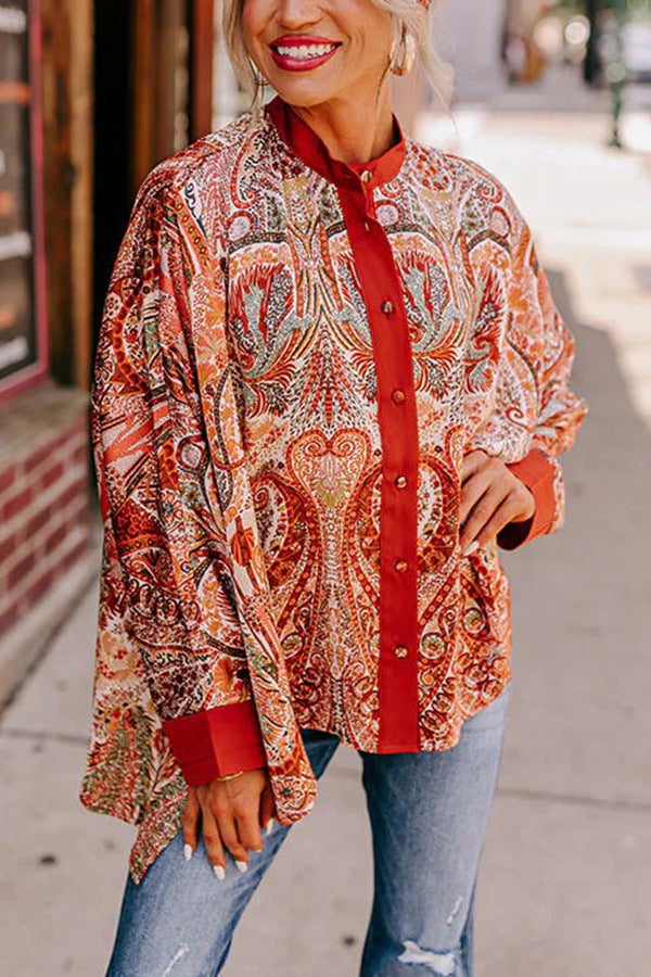 Boho Paisley Contrast Placket Oversized Shirt - Red