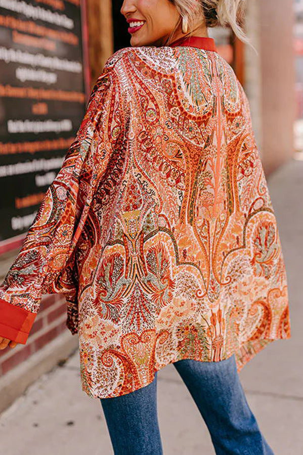 Boho Paisley Contrast Placket Oversized Shirt - Red - 1