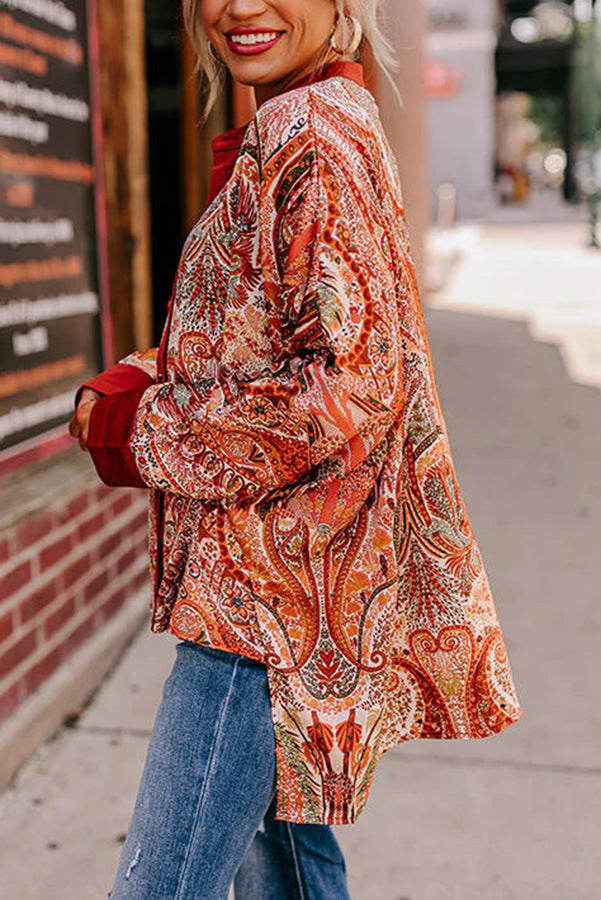 Boho Paisley Contrast Placket Oversized Shirt - Red - 2