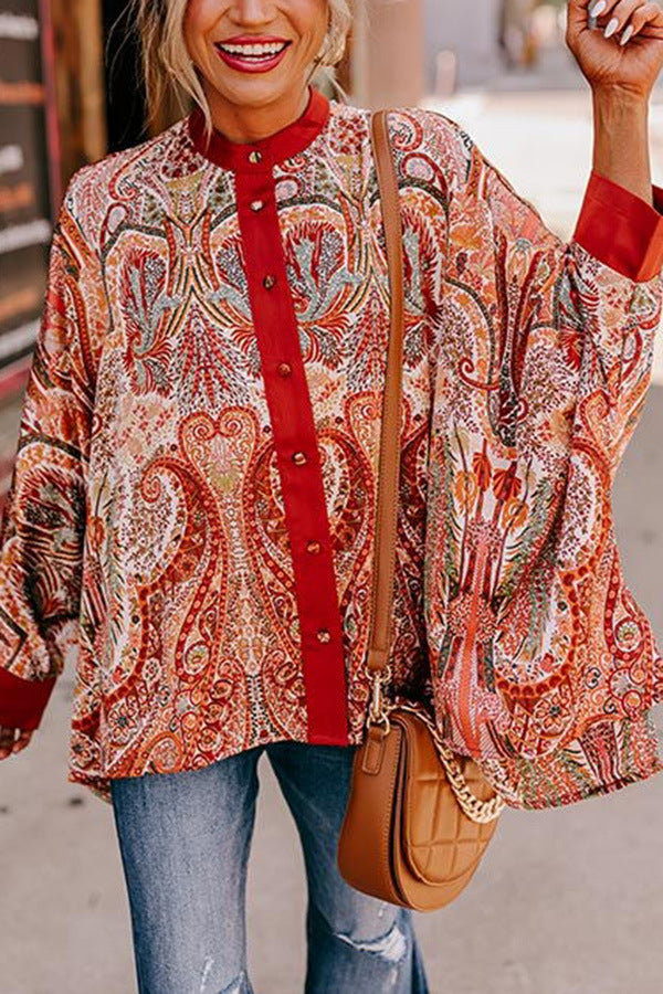 Boho Paisley Contrast Placket Oversized Shirt - Red - 3