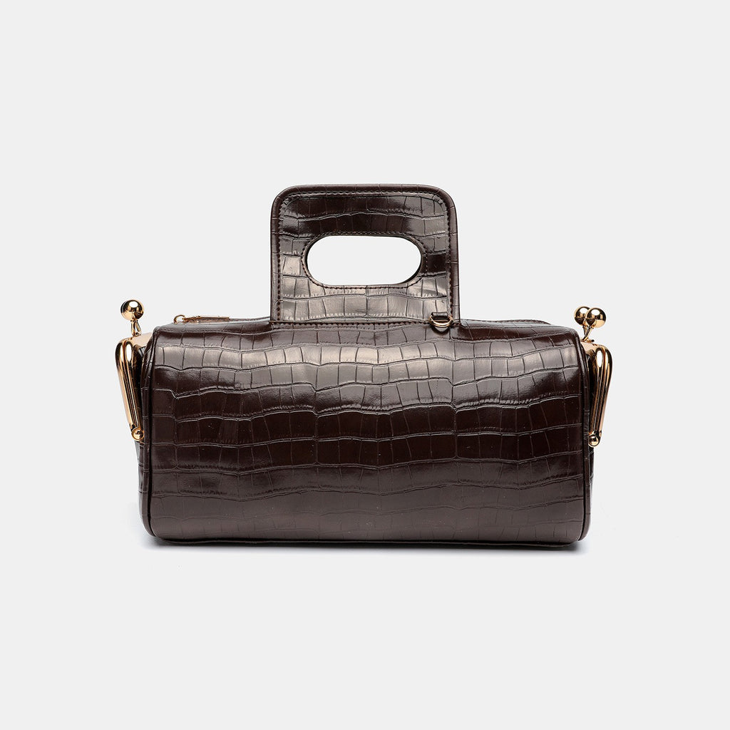 Kiss Lock Barrel Bag with Cutout Handle - Brown Croc