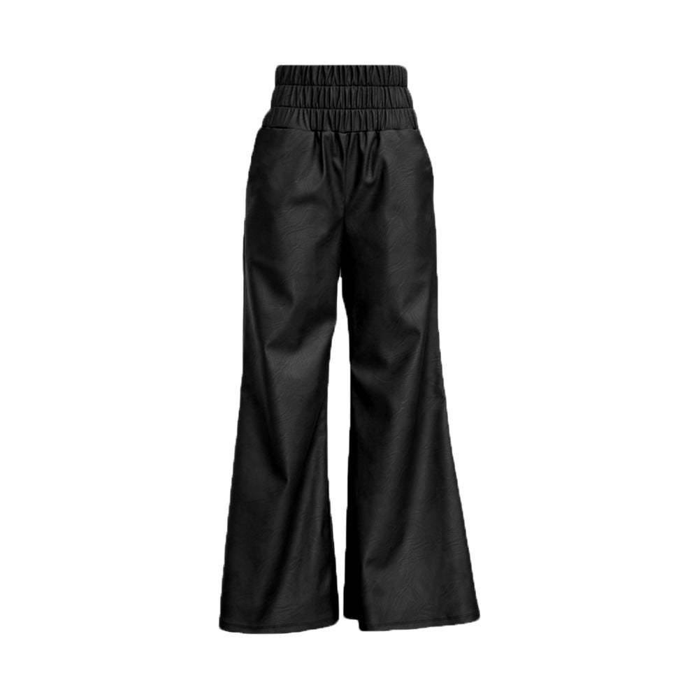 Faux Leather Smocked High Waist Wide Leg Pants - Black - 1