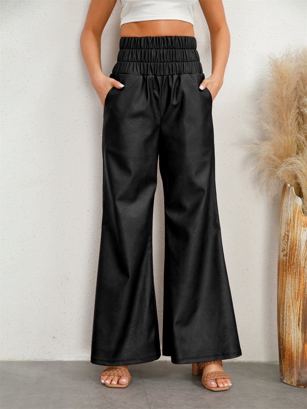 Faux Leather Smocked High Waist Wide Leg Pants - Black - 2
