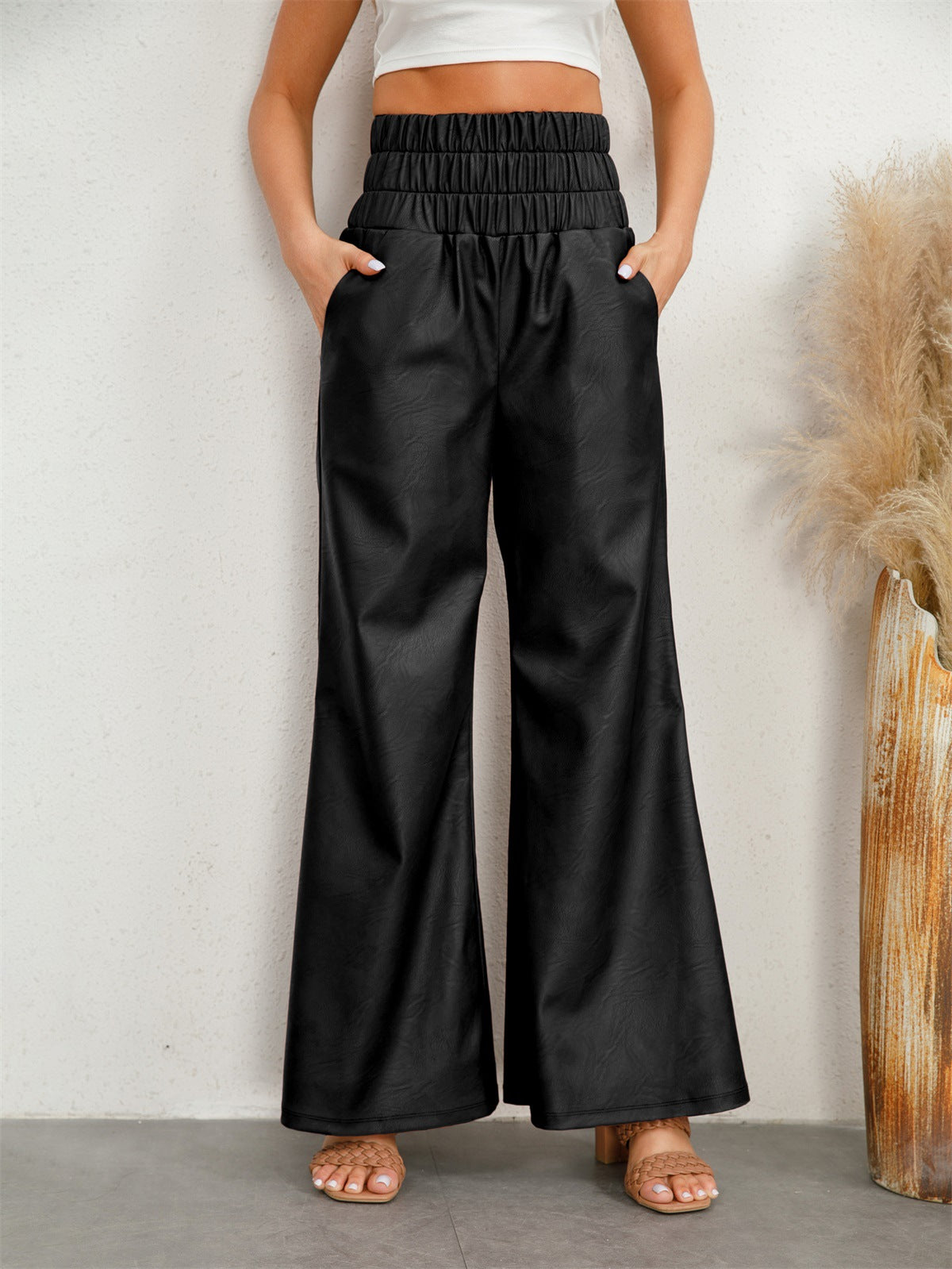 Faux Leather Smocked High Waist Wide Leg Pants - Black - 2
